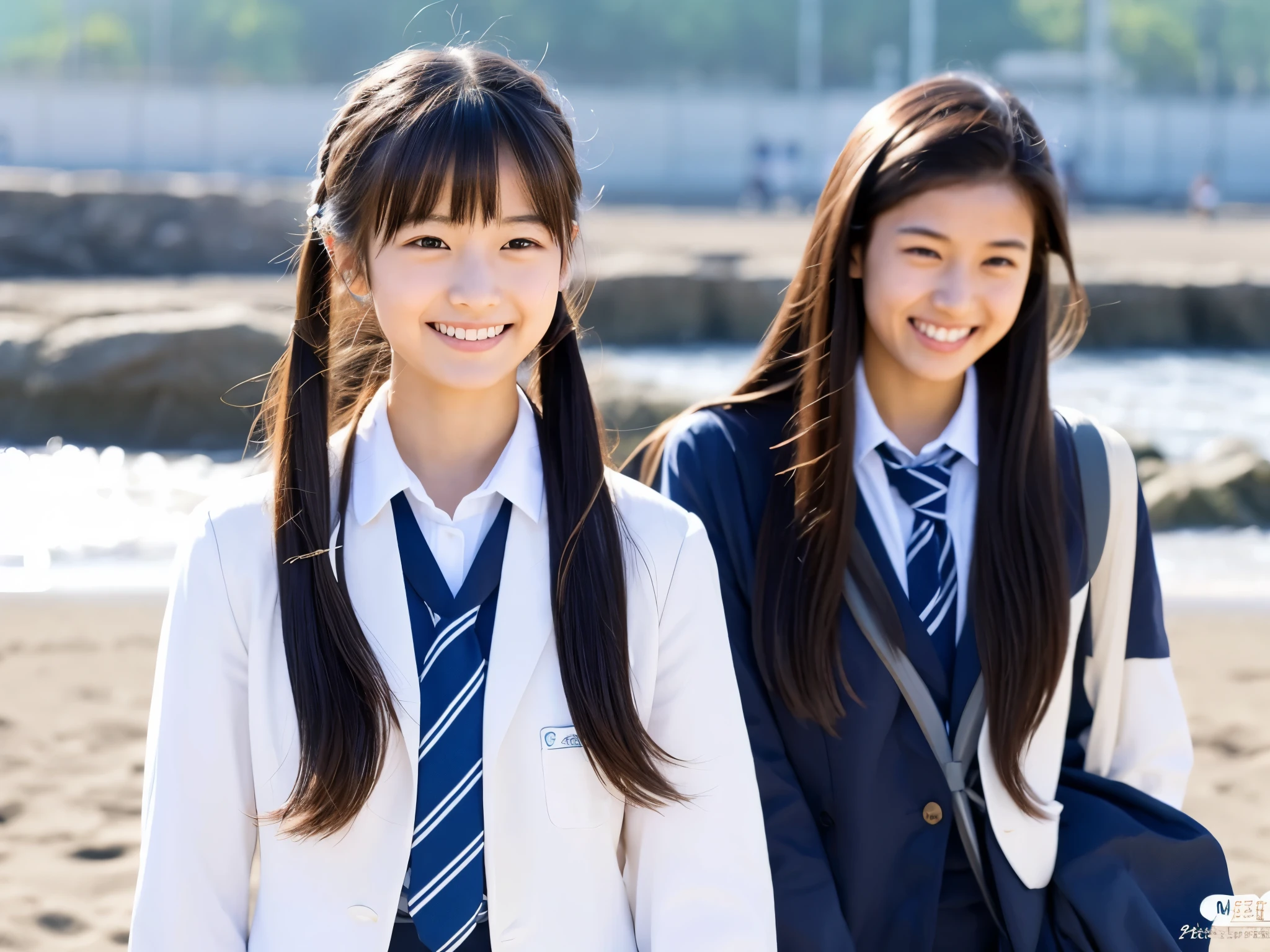 Please create a live-action image with the following content.。
#On the beach
#Neat and clean Japan high school girl
#Long Black Hair
#Smiling