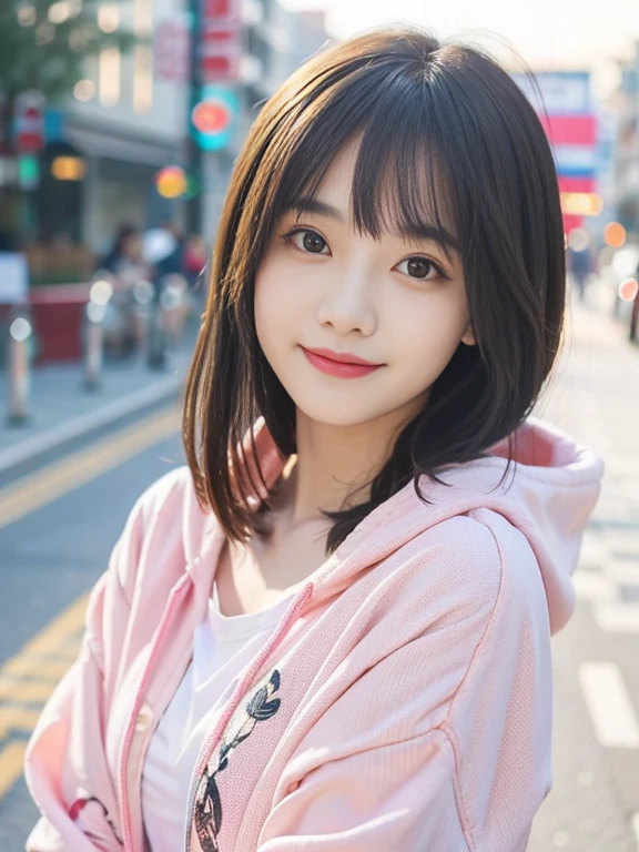 masutepiece, Best Quality, 8K, -yeld wo,Teen、 Raw photo, Solo, japanes、Idol face, Delicate girl, long hair of black color、Aligned bangs、Beautiful hairstyle、Beautiful detailed eyes、Upper body, Digital SLR, Sophisticated、realistic textured skin、Border pattern shirt、pink hoodie、a smile、thin arm、Professional Lighting, chromatic abberation, (Eyes and faces with detailed:1.0), (Bokeh:1.1)