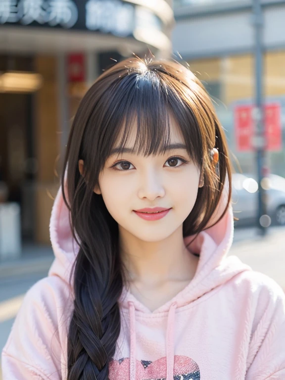 masutepiece, Best Quality, 8K, -yeld wo,Teen、 Raw photo, Solo, japanes、Idol face, Delicate girl, long hair of black color、Aligned bangs、Beautiful hairstyle、Beautiful detailed eyes、Upper body, Digital SLR,  Sophisticated、realistic textured skin、Border pattern shirt、pink hoodie、a smile、thin arm、Professional Lighting,  chromatic abberation, (Eyes and faces with detailed:1.0), (Bokeh:1.1)