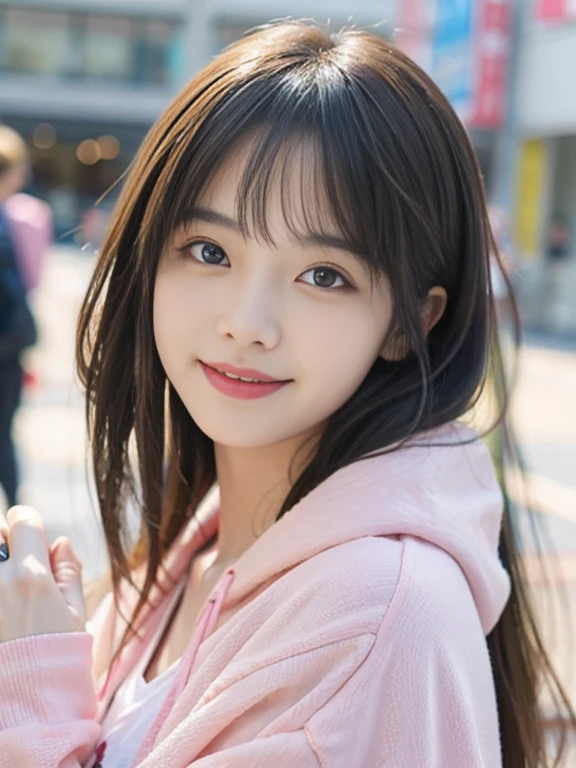 masutepiece, Best Quality, 8K, -yeld wo,Teen、 Raw photo, Solo, japanes、Idol face, Delicate girl, long hair of black color、Aligned bangs、Beautiful hairstyle、Beautiful detailed eyes、Upper body, Digital SLR, Sophisticated、realistic textured skin、Border pattern shirt、pink hoodie、a smile、thin arm、Professional Lighting, chromatic abberation, (Eyes and faces with detailed:1.0), (Bokeh:1.1)