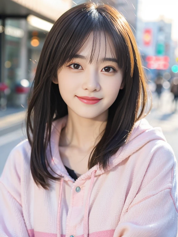 masutepiece, Best Quality, 8K, 17-year-old woman,Teen、 Raw photo, Solo, japanes、Idol face, Delicate girl, long hair of black color、Aligned bangs、Beautiful hairstyle、Beautiful detailed eyes、Upper body, Digital SLR,  Sophisticated、realistic textured skin、Border pattern shirt、pink hoodie、a smile、thin arm、Professional Lighting,  chromatic abberation, (Eyes and faces with detailed:1.0), (Bokeh:1.1)