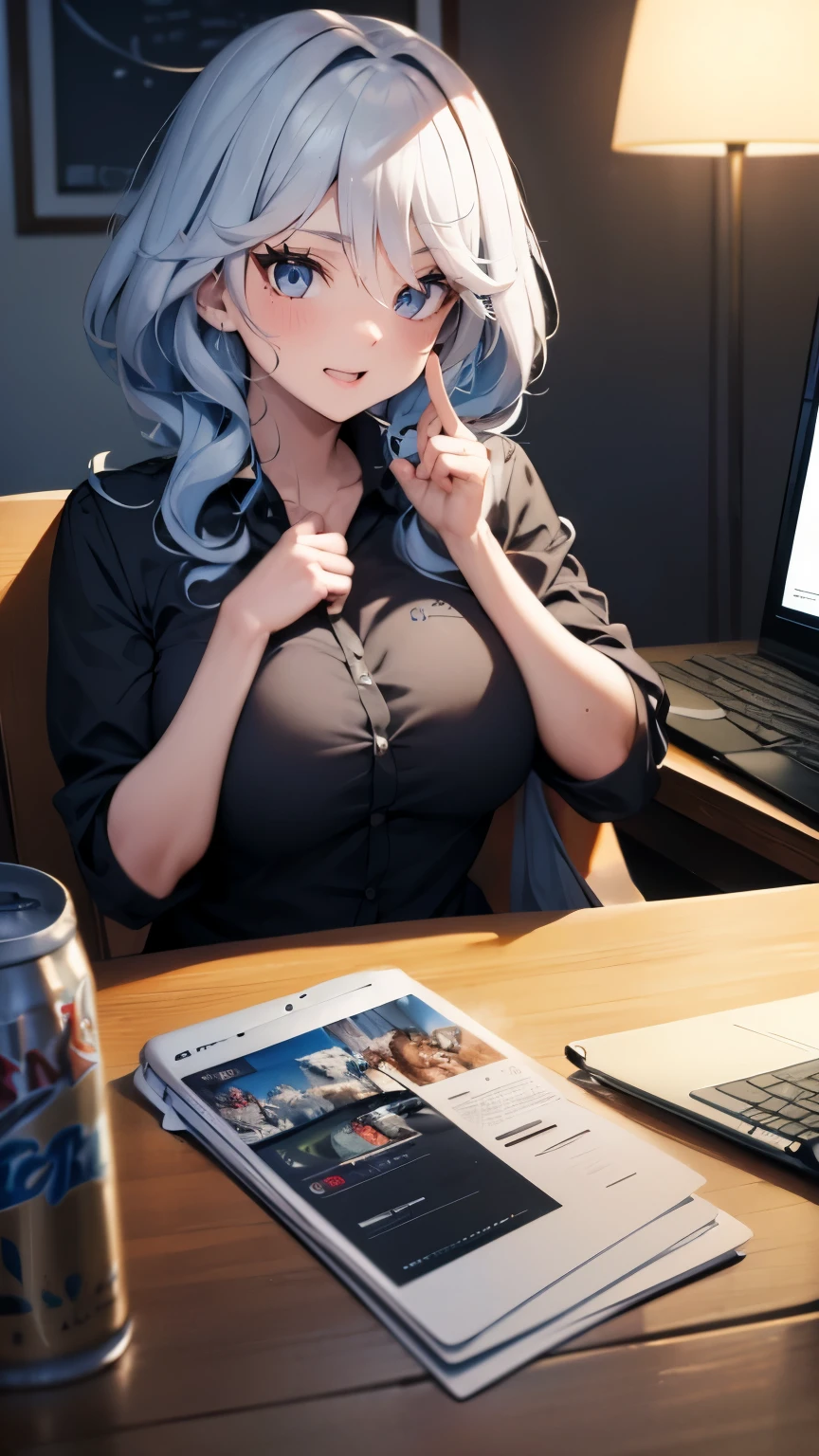 Freena angrily confronts her desktop computer,Dark Room,A huge amount of beer cans scattered around