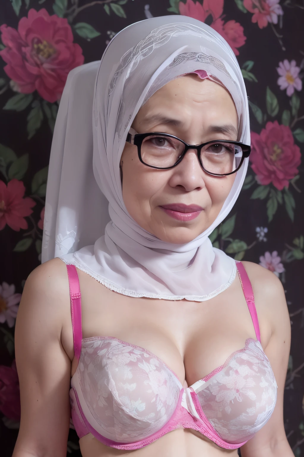 Spectacles, ((Old body lady:1.2)), ((Old lady:1.6)), (Happy smile), (((HIJAB MALAY GIRL))), masutepiece, High quality, UHD 32K, Realistic face, Realistic skin feeling , A Japanese Lady, 58 years old matured lady, , Very cute and baby-like face, (((FLAT CHEST))), (Night time at forest), ((look In front  at the camera and SADNESS)), (((CUTE GIRL))), ((WHITE FLUORESCENT LIPS)), ((Floral Pattern)) little ((wearing strapless bra)), strapless colorful bra, dark night background , black forest night, horror scary place, (from behind up) seductive pose, ((Huge bra:1.7)) Heavy Nipples, huge nipples, 