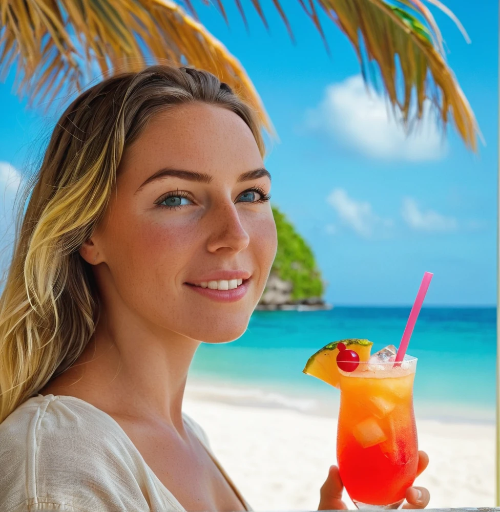 Girl in a beach with a mocktail in her hand