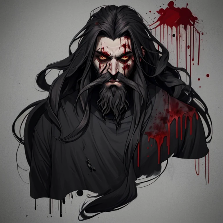 Long messy haired villainous man with beard in darkness covered in blood