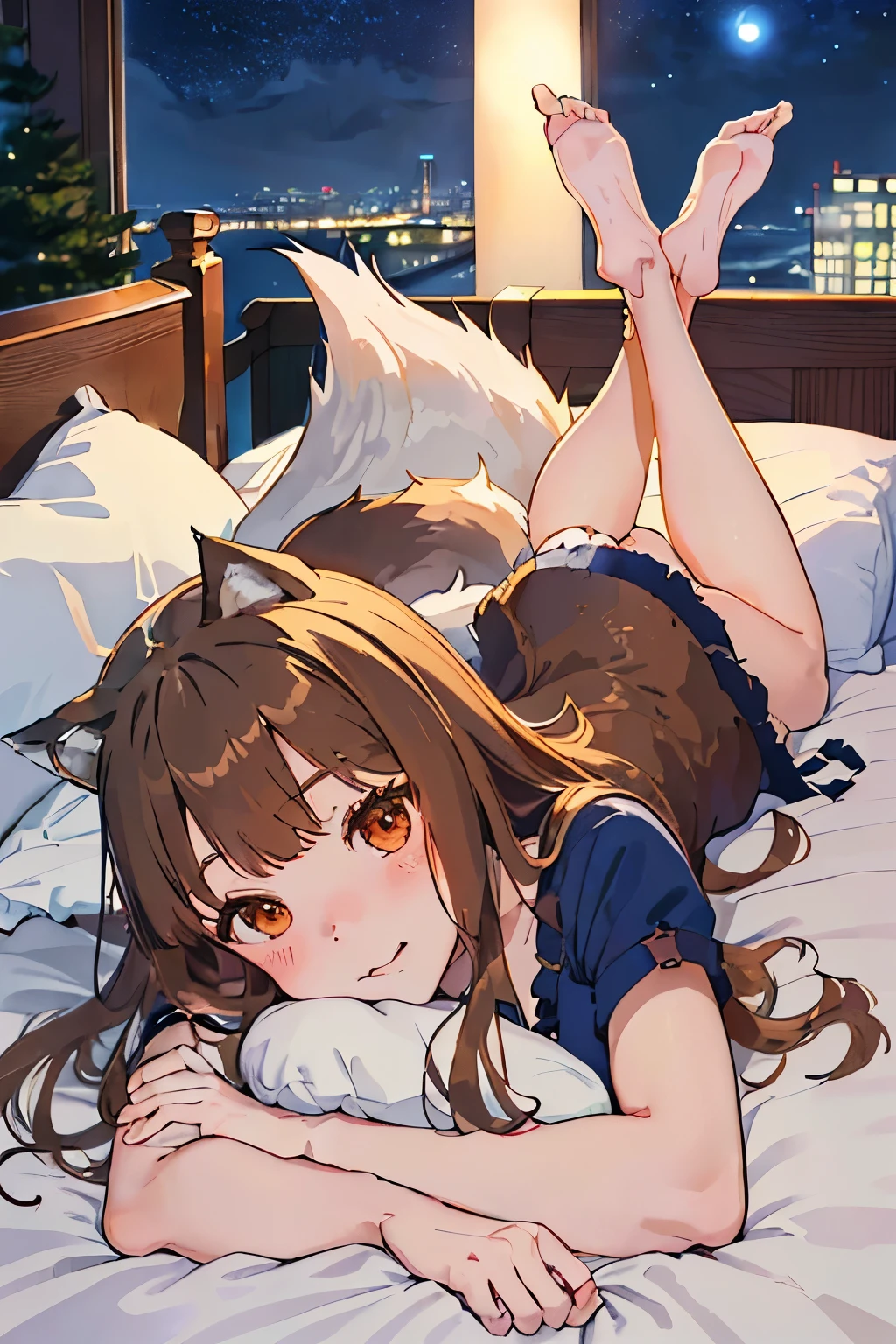 highest quality、High resolution、1 girl、alone、holo、Canine、tooth、(Aligning bangs、Light Brown Hair、Wolf Ears、One Tail、holo、Navy Blue Dress、Inn at night、bedroom、(Lying in bed、Lying、Falling with legs together、It has a big tail)