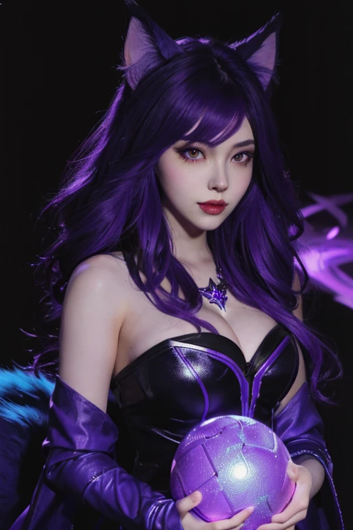 a woman with a purple ball in her hand in a dark forest, league of legends concept art, riot games concept art, seraphine ahri kda, league of legends character art, ahri, league of legends splash art, league of legends arcane, leblanc, portrait of ahri, splash art, from league of legends, league of legends character