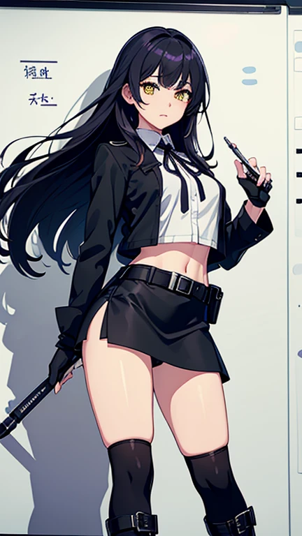 high quality、２０generation((whole body、woman、Yellow Eyes、Black and white long hair、Short shirt with a hem、Black gloves、Belt with holster、stomach、I have a pen、A long black skirt that shows off your legs、Skirt flip、Purple ribbon、White underwear、Panties in full view、Clothes are not taken off、Erotic、Black Military Boots))  background((Whiteboard)) Written boundary depth、Visual Arts、high resolution、beautiful