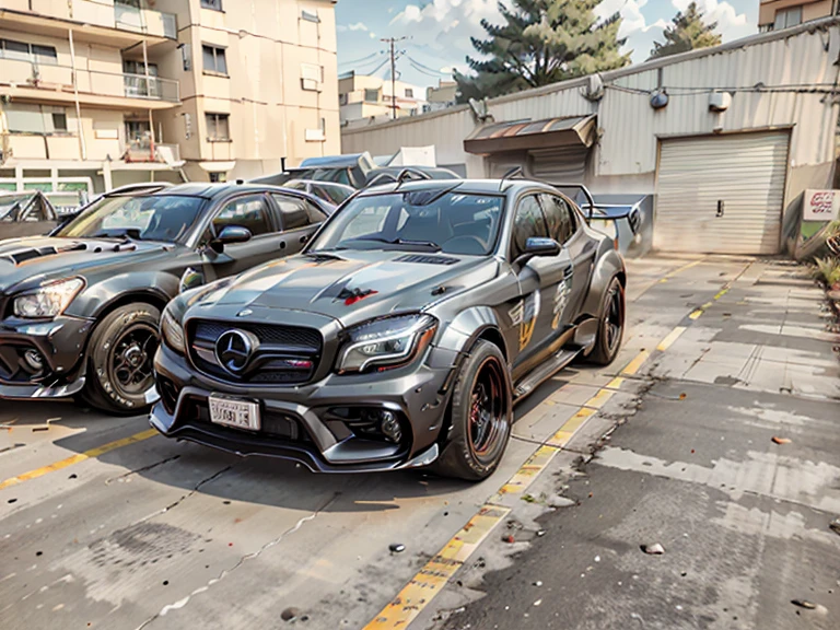 Eight thousand, steel gray body, Mercedes, HD,  Mercedes, ，(LB-Works Full Version: walk)、(86 Gas Turbine)、(drift)、Sponsor logo、future、Racing Specifications、(Gorgeous design)、Live Recording、detail、Deep Edge、Wide tires、Track、Turn on the light， A perfect masterpiece, Low resolution, hdr render, Made with photoshop