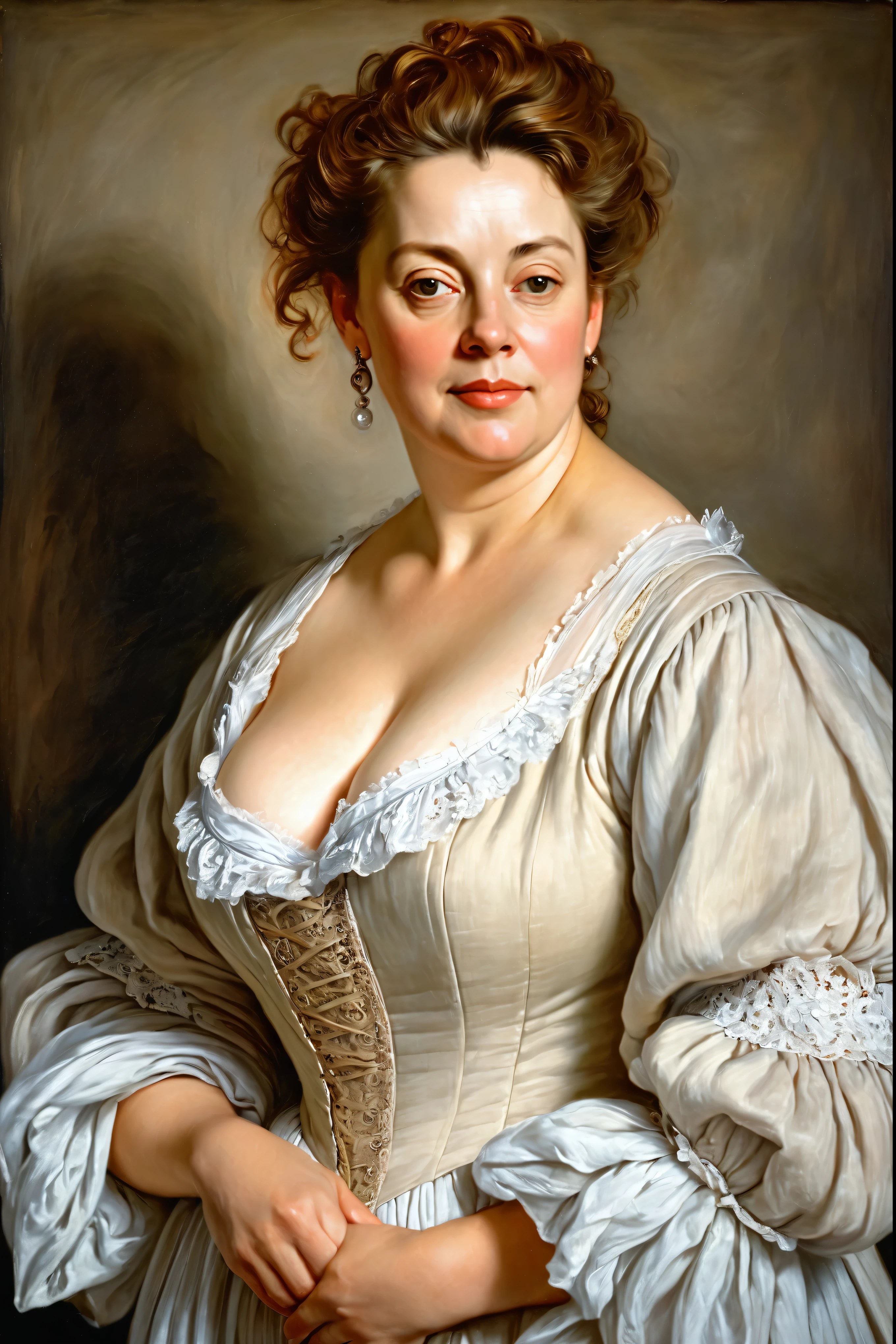 portrait painting of a thick Beautiful middle aged woman, extremely gorgeous, linen clothes, wearing a Victorian Camisole dress, wearing chemise, wearing historical undergarments, by Peter Paul Rubens, in Peter Paul Rubens style, by Caravaggio, intricate, flawless, masterpiece, Best quality, wearing chemise Victorian undergarments,