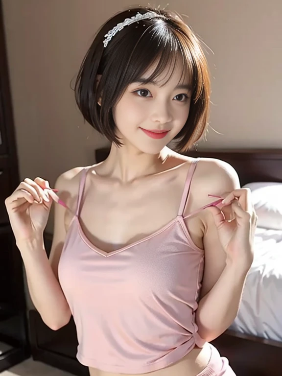 masutepiece, Best Quality, 8K, 18 yo, very beautiful Chinese young girl, very beautiful face, sweet and cute face, skinny body, slender girl, slim waist, flat belly, beautiful tight round perfect breasts, beautiful tight perfect butt, slim small arms, slim small legs, slim small thighs, white skin, perfect skin,pale and soft skin,Raw photo, Soft light, Professional Lighting, Solo, Smile, close up, Face, close up, Cute, Girly, Goddess, Delicate girl, Neat and clean beauty, Full body, Digital SLR, Candid, Sophisticated, (Eyes and faces with detailed:1.0), Medium short hair swaying in the wind, Bangs, very tight small Tank top, short Pants,Pink sneakers, in bedroom, standing,lift her hands up the wall, beautiful E cup size breasts , without bra