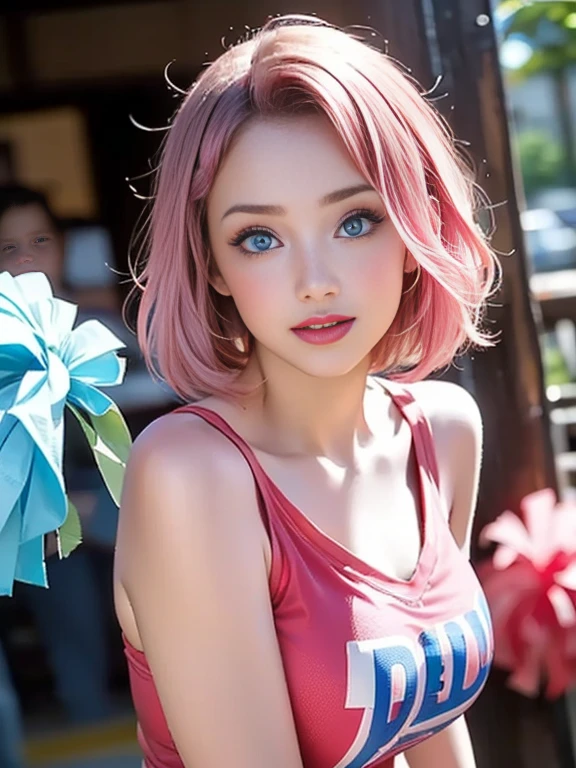 best quality, ultra high res, (photorealistic:1.4), (detailed beautiful girl:1.4), (medium breasts:0.8), looking_at_viewer, Detailed facial details, beautiful detailed eyes,pink hair, blue eyes, slender, haunting smile, (makeup:0.3), red lips, highly detailed clothes, (ulzzang-6500-v1.1:0.3)