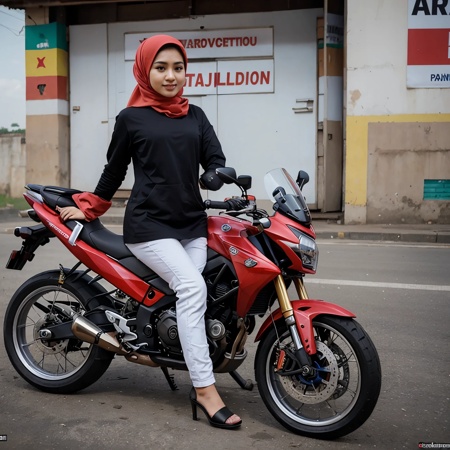 karikatur 4D pria Indonesia dengan pasangan wanita cantik berhijab umur 28 tahun naik motor matic 