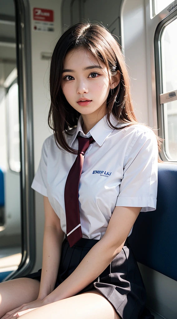 (masterpiece, best quality:1.2), 8k, 15yo, 85mm, official art, raw photo, absurdres, white dress shirt, pretty face, close up, upper body, violaceaess, gardeniass, beautiful girl, school uniform, (navy pleated skirt:1.1), cinch waist, thighs, short sleeve, in train, sitting on bench seat, looking at viewer, no makeup, (smile:0.4), film grain, chromatic aberration, sharp focus, facelight, clear lighting, teen, detailed face, bokeh background, (dark red necktie:1.1)