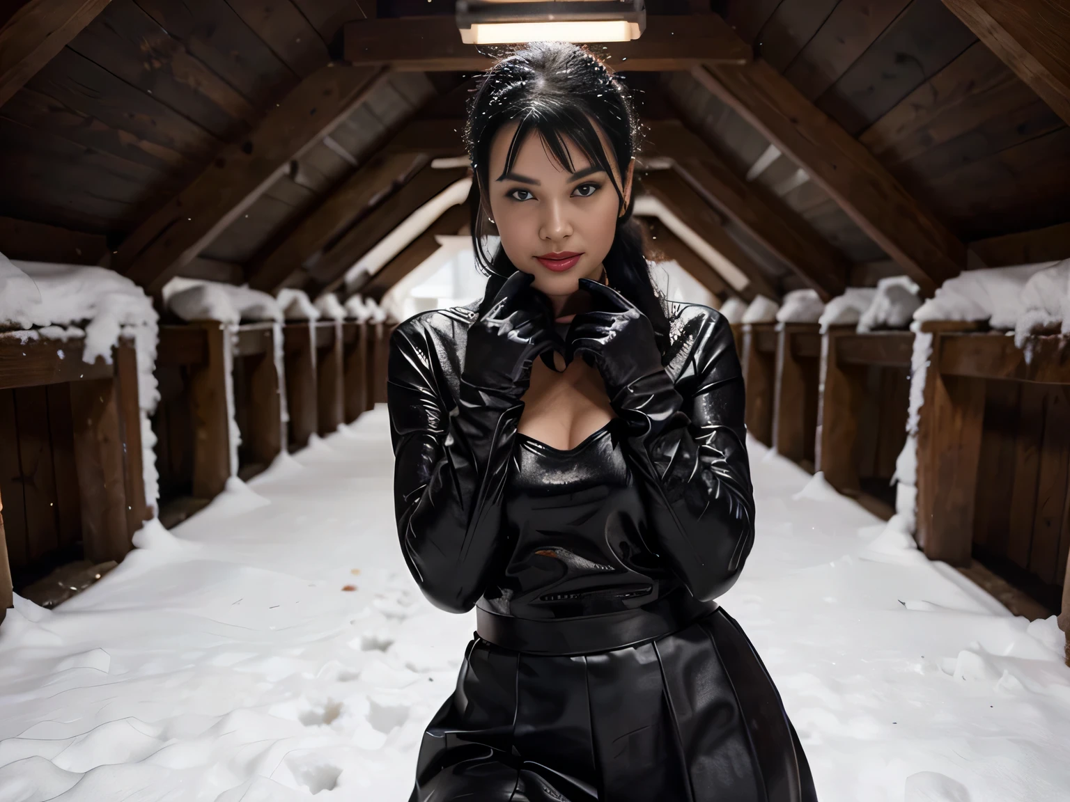 proFessional portrait photograph oF a gorgeous smiling soaked Bettie page girl in soaked winter clothing ,ponytail Black hair, red lipstick,black long maxi-skirt(black long maxi-skirt:1.2),sultry Flirty look, gorgeous symmetrical Face, joli maquillage naturel, wearing elegant warm winter Fashion clothing,flirting with the camera, ((black leather gloves)), (( hands between her legs )) (posing for a picture on the edge of a mountain completly covered in snow )), ultra realistic, art conceptuel, elegant, Very detailed, complexe, sharp Focus, depth oF Field, F/1. 8, 85mm, (((proFessionally color graded))), bright soFt diFFused light, (volumetric Fog), tendance sur Instagram, hdr 4k, 8K