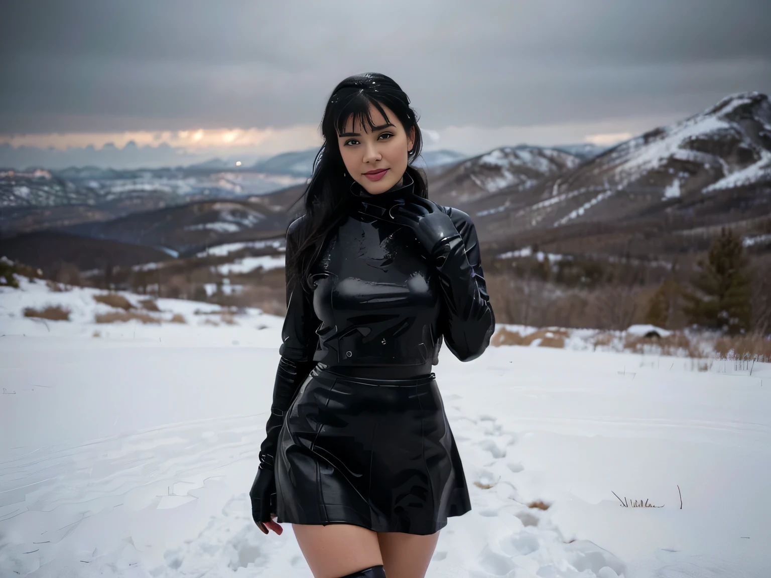 proFessional portrait photograph oF a gorgeous smiling soaked Bettie page girl in soaked winter clothing ,ponytail Black hair, red lipstick,black long maxi-skirt(black long maxi-skirt:1.2),sultry Flirty look, gorgeous symmetrical Face, joli maquillage naturel, wearing elegant soaked warm winter Fashion clothing,flirting with the camera, ((black leather gloves)), (walkin on the edge of a mountain completly covered in snow )), ultra realistic, art conceptuel, elegant, Very detailed, complexe, sharp Focus, depth oF Field, F/1. 8, 85mm, (((proFessionally color graded))), bright soFt diFFused light, (volumetric Fog), tendance sur Instagram, hdr 4k, 8K