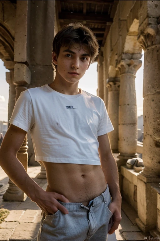 Un homme twink mignon de 19 ans d'1m74 assez fin. Il porte un t-shirt multicolore très ample en boule et se cache dans un temple romain. Il a le regard apeuré. There is a light from the sunset reflecting on his skin.