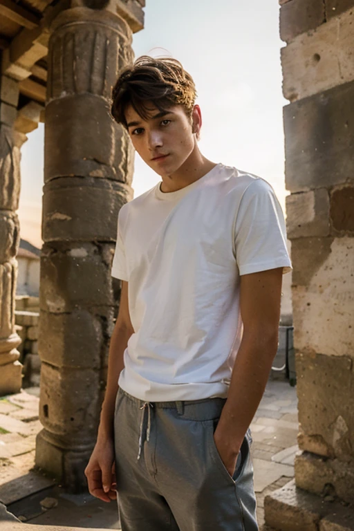 Un homme twink mignon de 19 ans d'1m74 assez fin. Il porte un t-shirt multicolore très ample en boule et se cache dans un temple romain. Il a le regard apeuré. There is a light from the sunset reflecting on his skin.