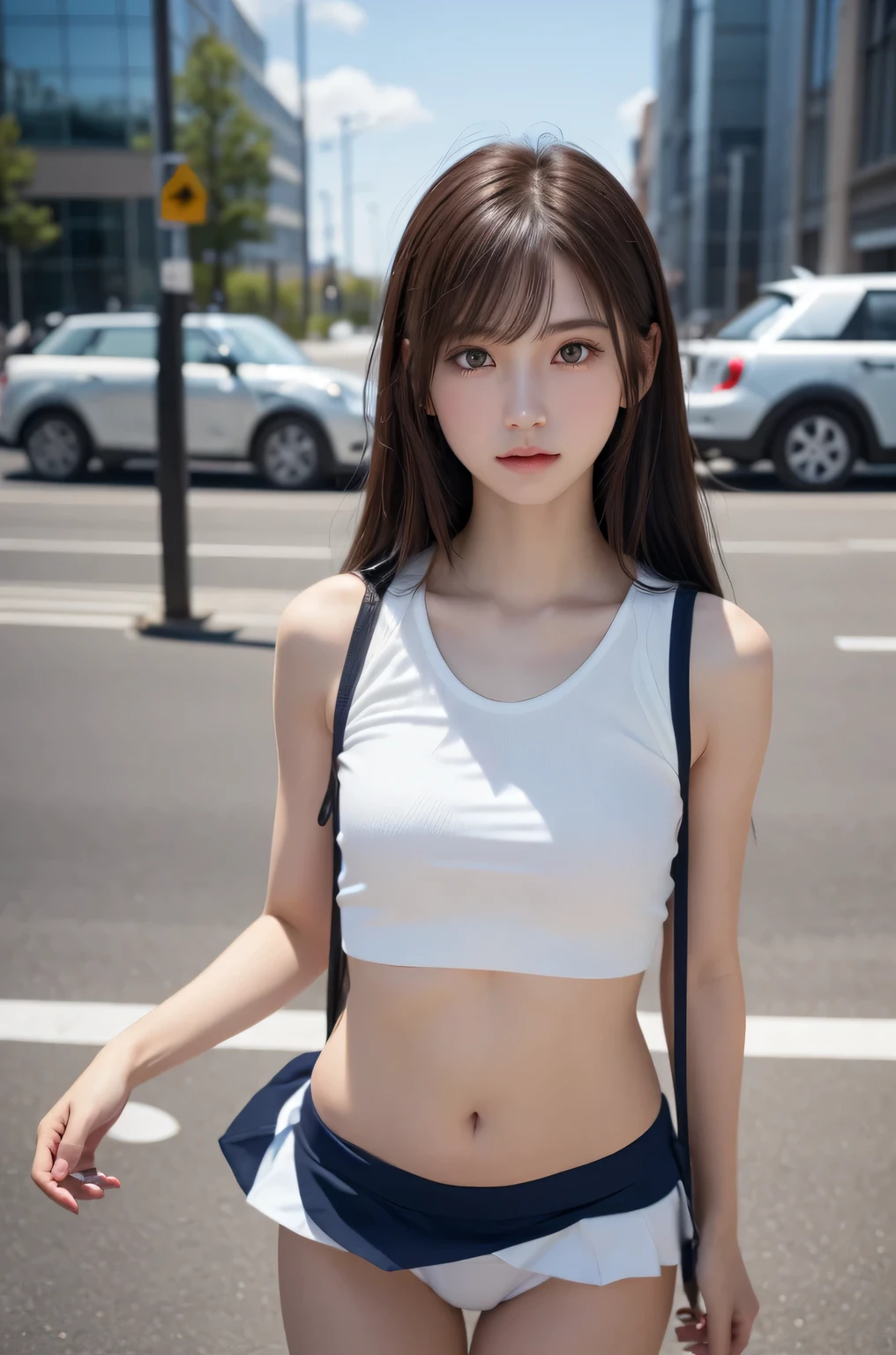 girl1、(beautiful girl、Slender girl:1.3)、(、Lori:1.3)、break、nsfw、((Small panties、White panties、Low-rise panties、Pulled up skirt)、Tennis Wear、White mini skirt:1.1)、break、Very fine grain definition、(symmetrical eyes:1.3)、break、(Street Snap:1.3)、perfectly trimmed fingers、break、Small breasts、Brown eyes、Parted bangs、Brown Hair、girl、break、(Eye and facial details:1.0)、break、(masterpiece、highest quality、Super detailed、Detailed face、8k)