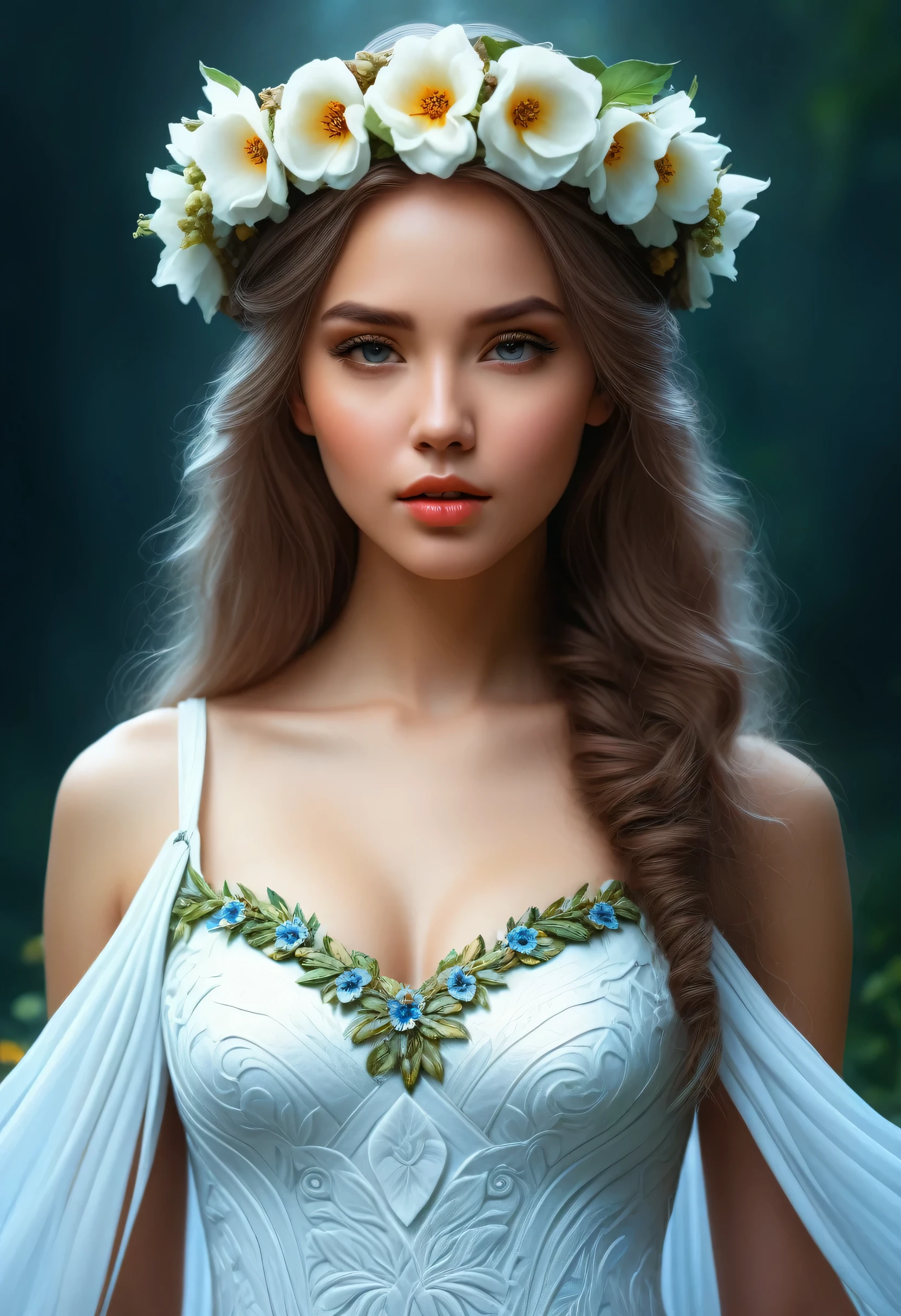 Realistic Photo hd, 4k, beast quality, Masterpiece of a woman with a flower crown on her head and a dress, beautiful fantasy art portrait, beautiful fantasy maiden, beautiful fantasy portrait, beautiful fantasy art, beautiful maiden, very beautiful fantasy art, fantasy beautiful, ethereal beauty, beautiful gorgeous digital art, beautiful detailed fantasy, fantasy art portrait, portrait of a beautiful goddess, fantasy portrait art, fantasy woman, beautiful digital art
