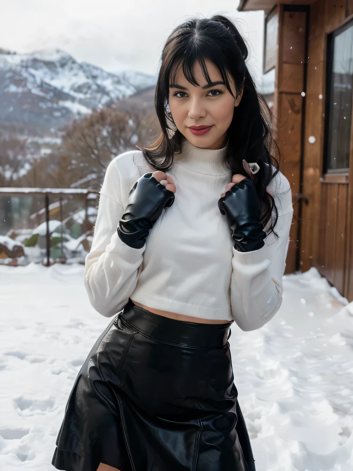 proFessional portrait photograph oF a gorgeous smiling soaked Bettie page girl in soaked winter clothing ,ponytail Black hair, red lipstick,black long maxi-skirt(black long maxi-skirt:1.2),sultry Flirty look, gorgeous symmetrical Face, joli maquillage naturel, wearing elegant warm winter Fashion clothing,flirting with the camera, ((black leather gloves)), (( hands between her legs )) (posing for a picture on the edge of a mountain completly covered in snow )), ultra realistic, art conceptuel, elegant, Very detailed, complexe, sharp Focus, depth oF Field, F/1. 8, 85mm, (((proFessionally color graded))), bright soFt diFFused light, (volumetric Fog), tendance sur Instagram, hdr 4k, 8K