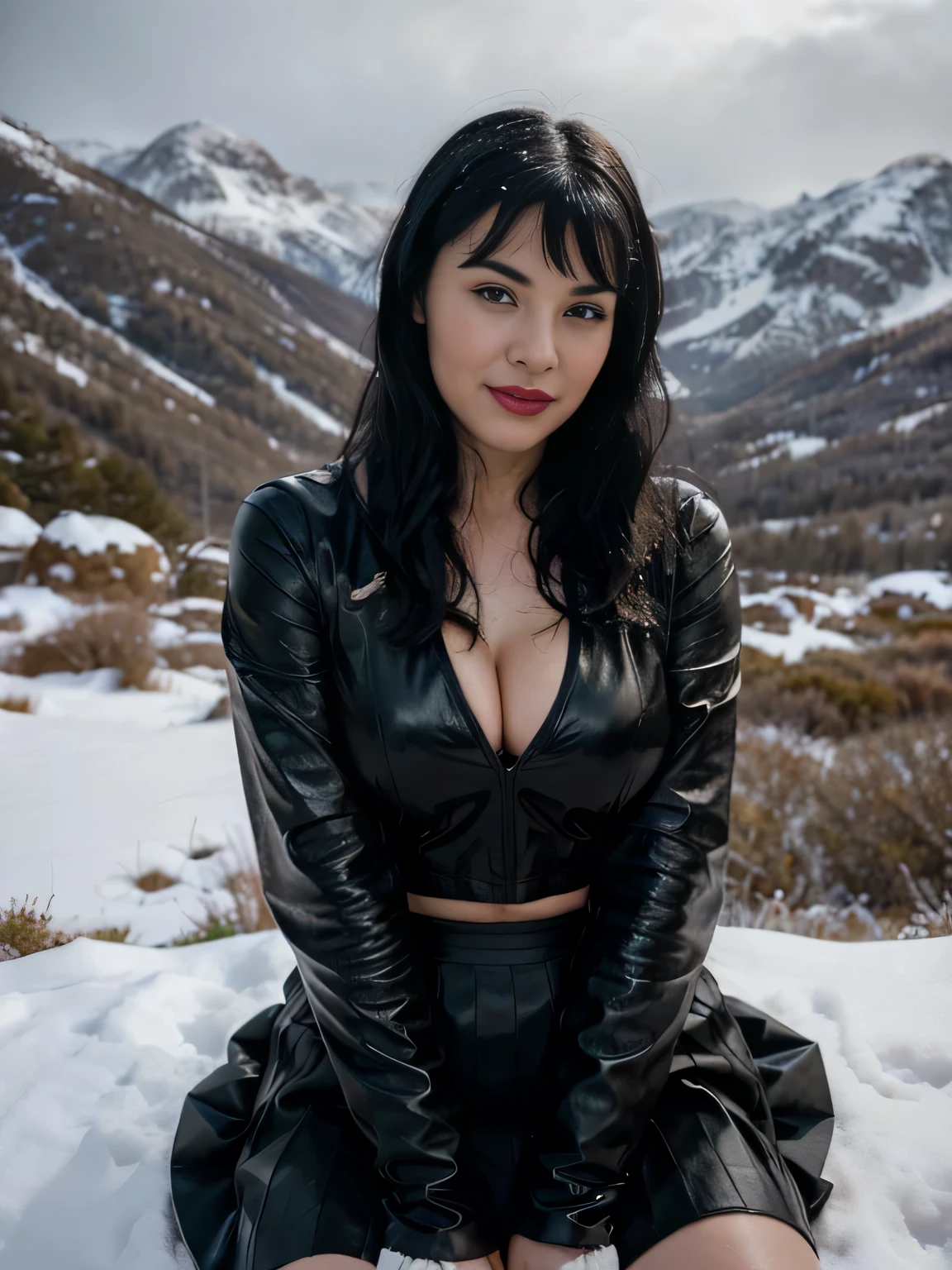 proFessional portrait photograph oF a gorgeous smiling soaked Bettie page girl in soaked winter clothing ,ponytail Black hair, red lipstick,black long maxi-skirt(black long maxi-skirt:1.2),sultry Flirty look, gorgeous symmetrical Face, joli maquillage naturel, wearing elegant warm winter Fashion clothing,flirting with the camera, ((black leather gloves)), (( hands between her legs )) (posing for a picture on the edge of a mountain completly covered in snow )), ultra realistic, art conceptuel, elegant, Very detailed, complexe, sharp Focus, depth oF Field, F/1. 8, 85mm, (((proFessionally color graded))), bright soFt diFFused light, (volumetric Fog), tendance sur Instagram, hdr 4k, 8K