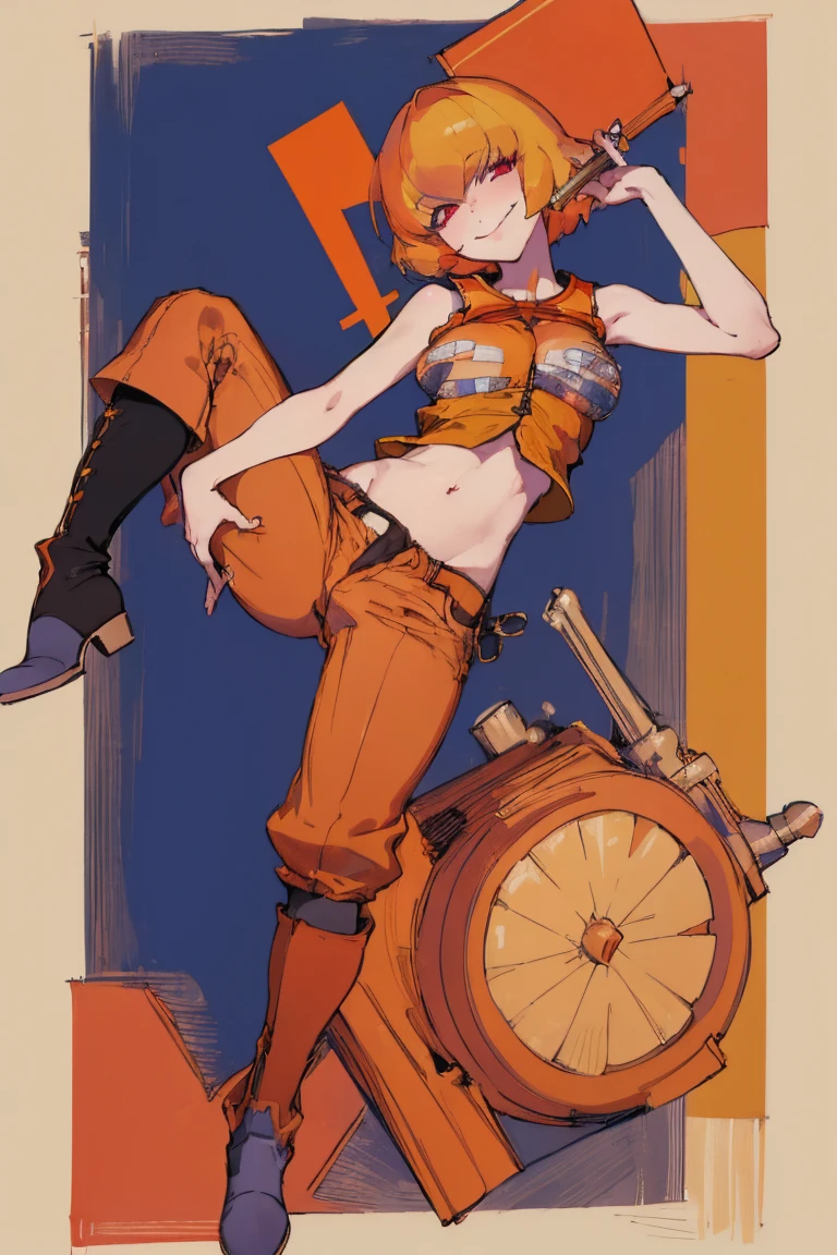 ((highest quality)), ((masterpiece)), (be familiar with),Clementine,Overload,{{nsfw}},Sleeveless shirt,pants,Bewitching Smile,whole body,boots