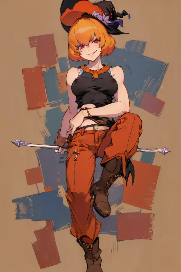 ((highest quality)), ((masterpiece)), (be familiar with),Clementine,Overload,{{nsfw}},Sleeveless shirt,pants,Bewitching Smile,whole body,boots