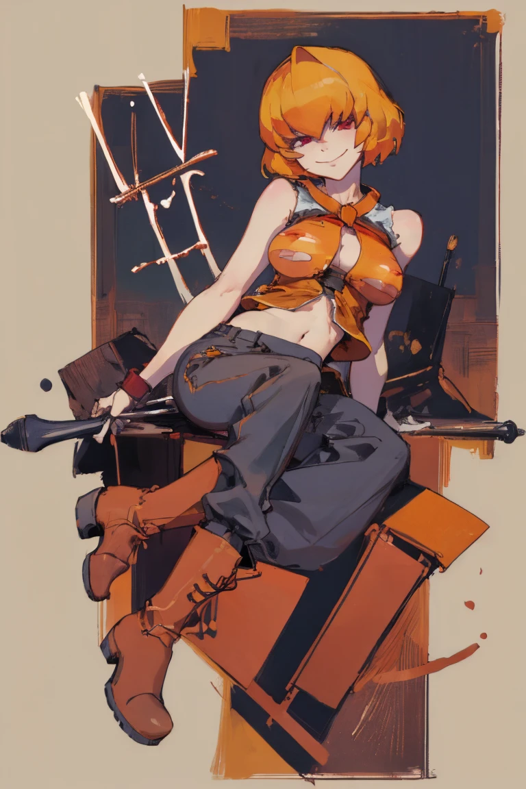 ((highest quality)), ((masterpiece)), (be familiar with),Clementine,Overload,{{nsfw}},Sleeveless shirt,pants,Bewitching Smile,whole body,boots