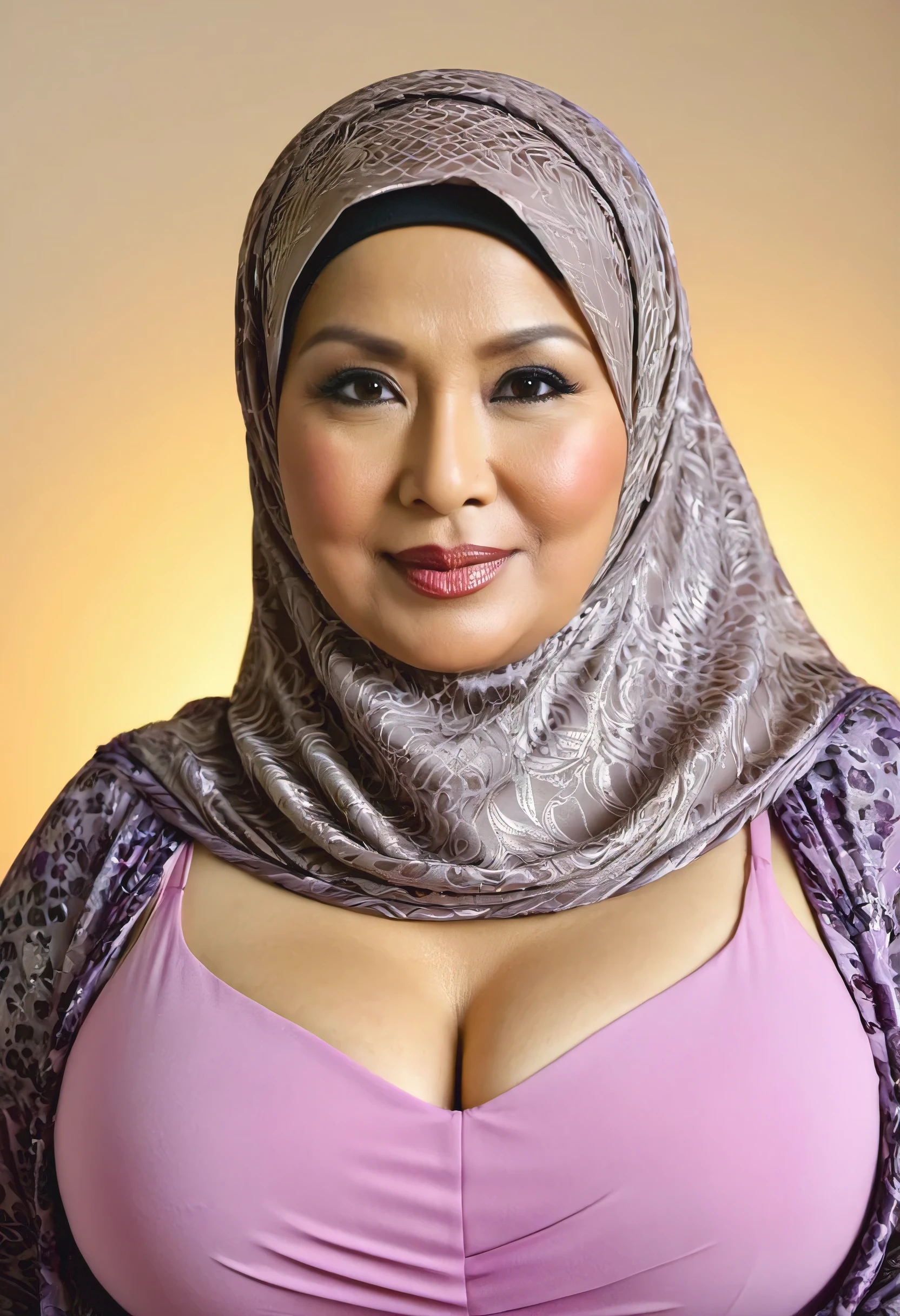 (Realistic) ((Hijab)) (real mature face) 62 Years old fat Brunei mature woman, sexy curvy, (sexy chubby body shape), Big : 34.9,, (wide cleavage), professional photography with excellent lighting