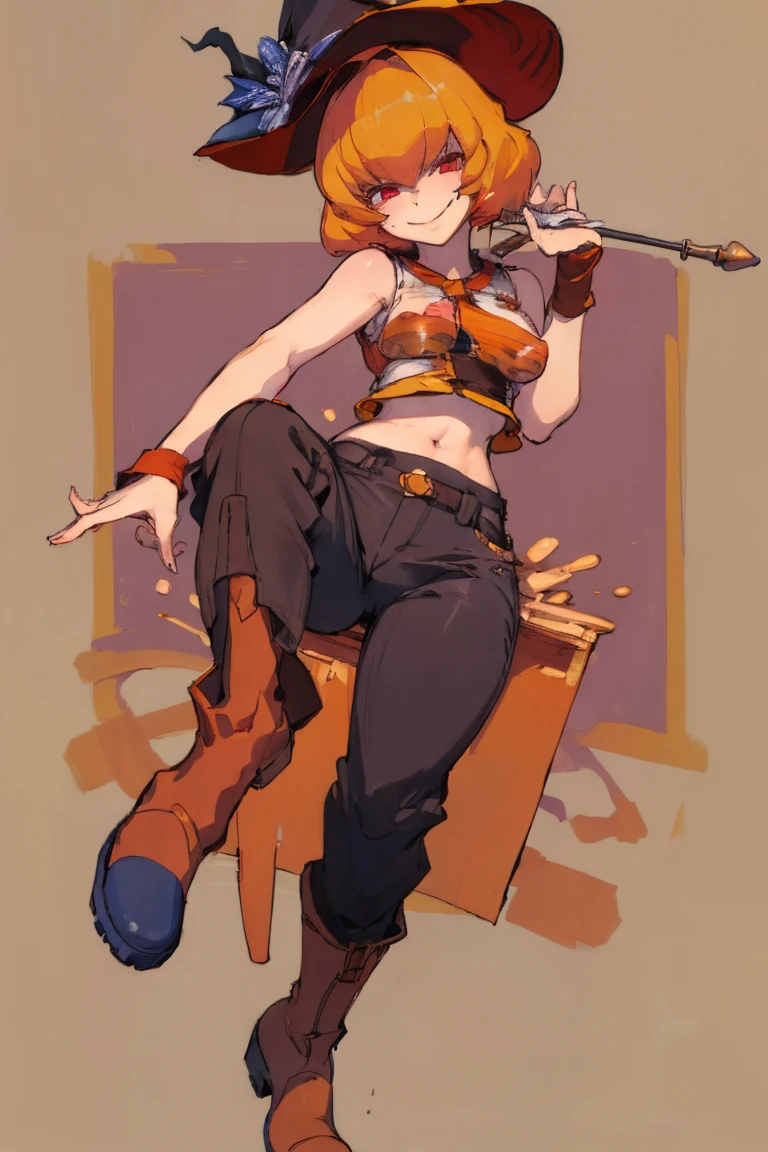 ((highest quality)), ((masterpiece)), (be familiar with),Clementine,Overload,{{nsfw}},Sleeveless shirt,pants,Bewitching Smile,whole body,boots