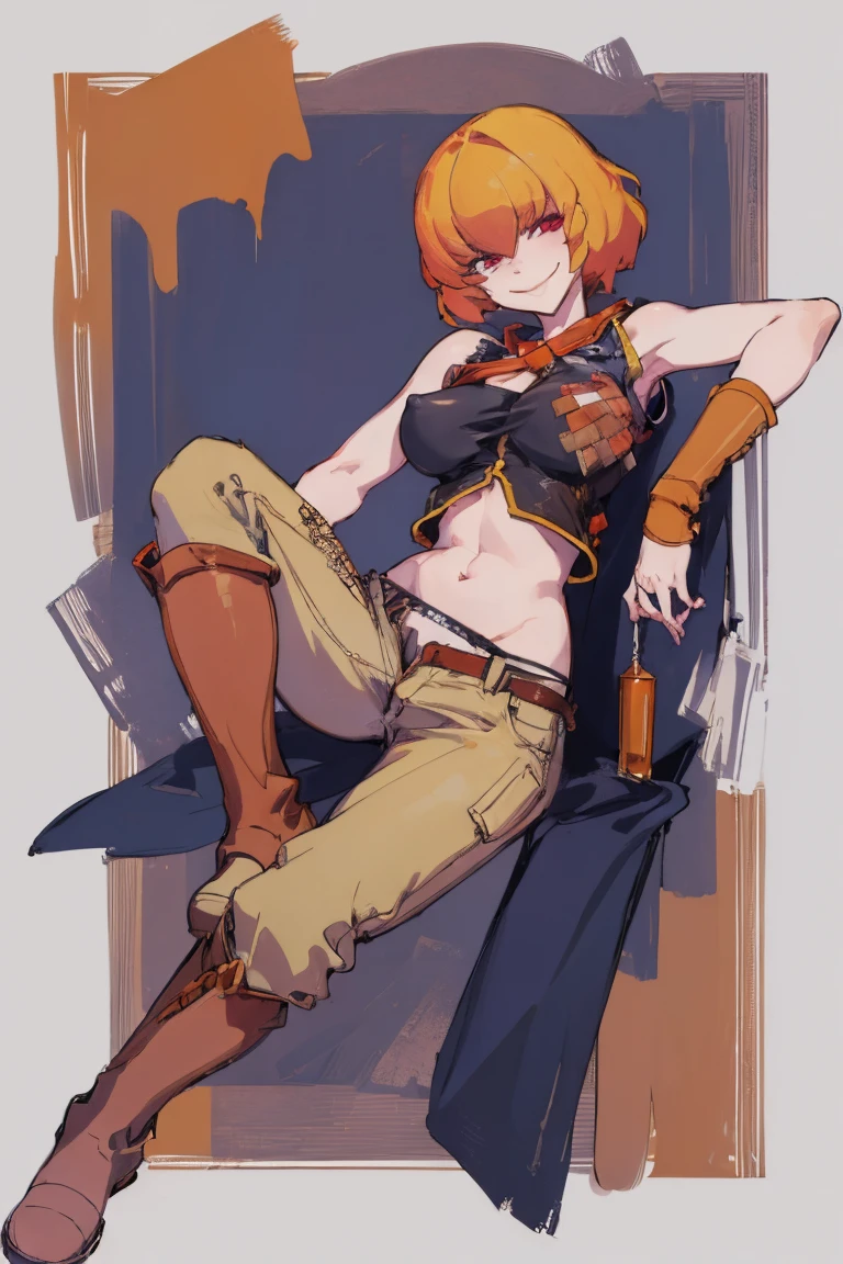 ((highest quality)), ((masterpiece)), (be familiar with),Clementine,Overload,{{nsfw}},Sleeveless shirt,pants,Bewitching Smile,whole body,boots