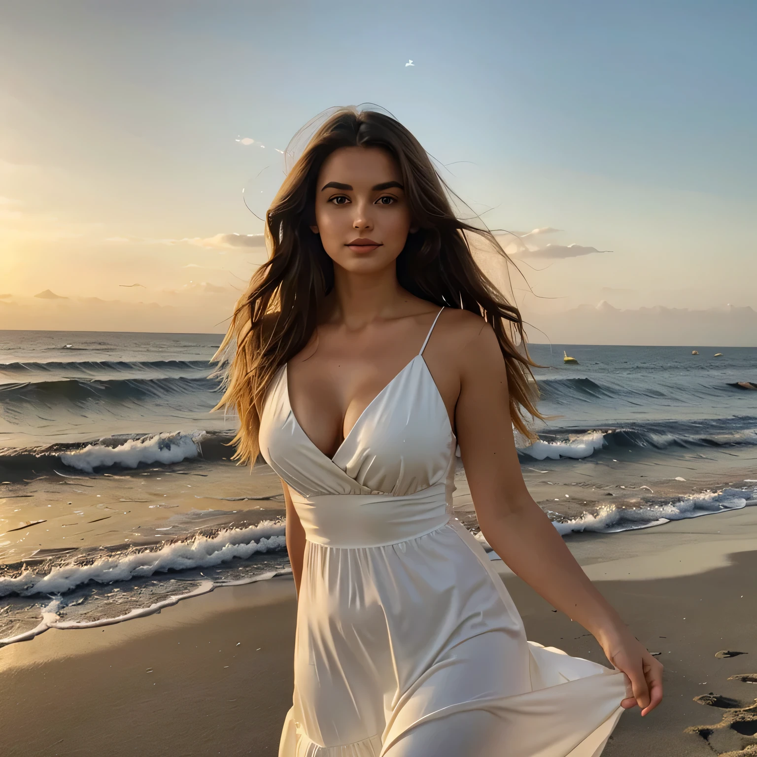 Générer des photographies de l'amazing brunette hispanic influencer, in the mid-20s, environ 5'4" grandiose, avec long, wavy chestnut hair falling gracefully over his shoulders. She has an athletic hourglass silhouette accentuated by her full bust. Son teint est impeccable, avec un, Sunny tan. Les yeux bruns expressifs de l’automne rayonnent de charisme, and she has a relaxed and confident behavior.L'automne s'habille d'un, Robe d'elegant summer, Parfaitement adapté pour un cadre de plage. The dress complements the natural beauty of the seaside.The photo session takes place on a picturesque beach with pristine sand and the soothing sound of waves. The sun sets on the horizon, Jeter un chaud, Golden glow.Les poses de l'automne capturent l'essence de la détente et de la beauté en bord de mer. Elle marche le long du rivage, permettant aux vagues de caresser ses pieds, et profite de la vue imprenable.look et maquillage intenses, Souriant, regarde dans la caméra, symmetrical eyes, symmetrical face, photorealistic, photographie, tracé de chemin, specular lighting, Volumetric facial light, drawn hair, Ombres visibles, complexe, elaborate, hyper-realistic.