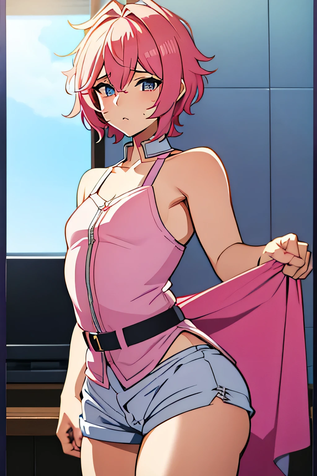 VI, Arcane, a woman with short medium pink hair wearing a white dress, face feminina, arte do personagem do motor irreal, retrato