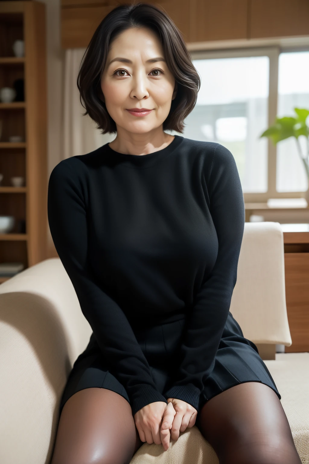 Solo.Selfie of a japanese woman. Woman sitting on sofa in living room.Hands are placed on the thighs.sexy black pantyhose .((Best Quality:1.0)), Camera angle looking up from her knee height.(Photorealistic:1.3),(Raw photo),Sharp Focus,finely detailed,High Quality, High Definition,japanese, 1 Middle Aged Woman,detailed face,(muscular:1.0), (around 44 years old),black hair..Japanese mature, good shape big breasts,High resolution, High level image quality, high detail, masterpiece, anatomically correct. .Tight Fit shallow V-neck sweater. skirt.middle hair.perfect fingers.Bewitching expression on her face.maternal glance.looking at viewer.bewitching smile.Frustrated and seductive expressions.