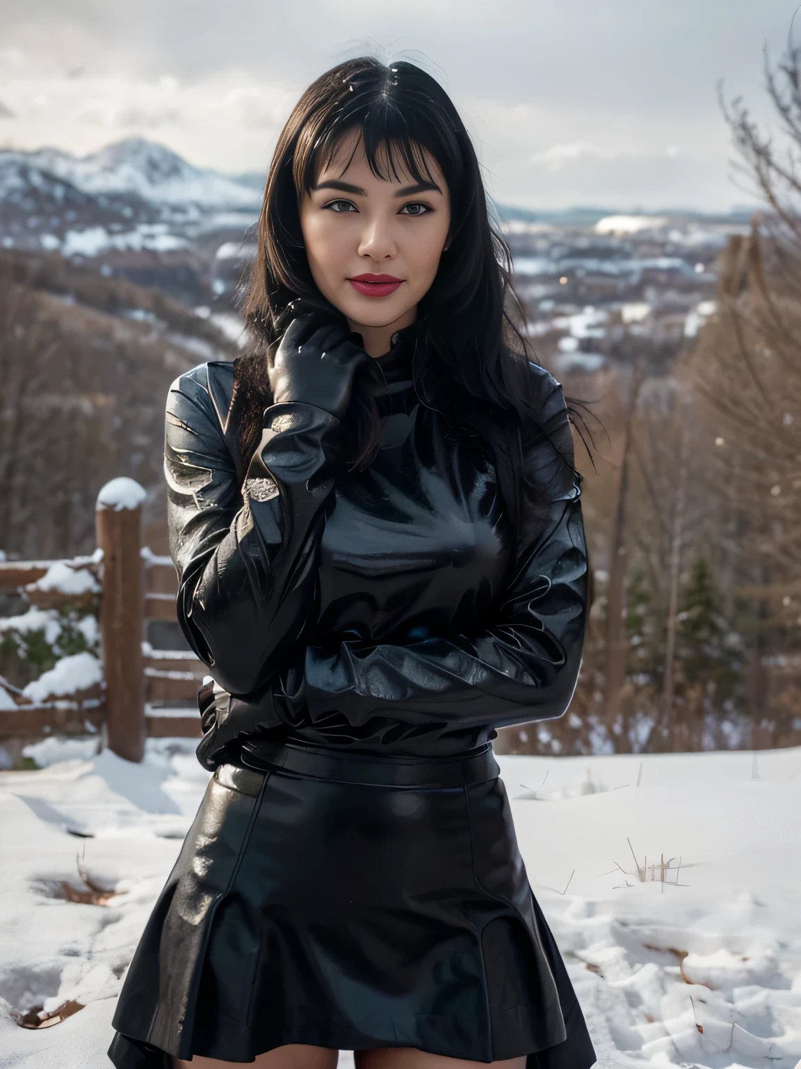 proFessional portrait photograph oF a gorgeous smiling soaked Bettie page girl in soaked winter clothing ,ponytail Black hair, red lipstick,black long maxi-skirt(black long maxi-skirt:1.2),sultry Flirty look, gorgeous symmetrical Face, joli maquillage naturel, wearing elegant warm winter Fashion clothing,flirting with the camera, ((black leather gloves)), (( hands between her legs )) (posing for a picture on the edge of a mountain completly covered in snow )), ultra realistic, art conceptuel, elegant, Very detailed, complexe, sharp Focus, depth oF Field, F/1. 8, 85mm, (((proFessionally color graded))), bright soFt diFFused light, (volumetric Fog), tendance sur Instagram, hdr 4k, 8K