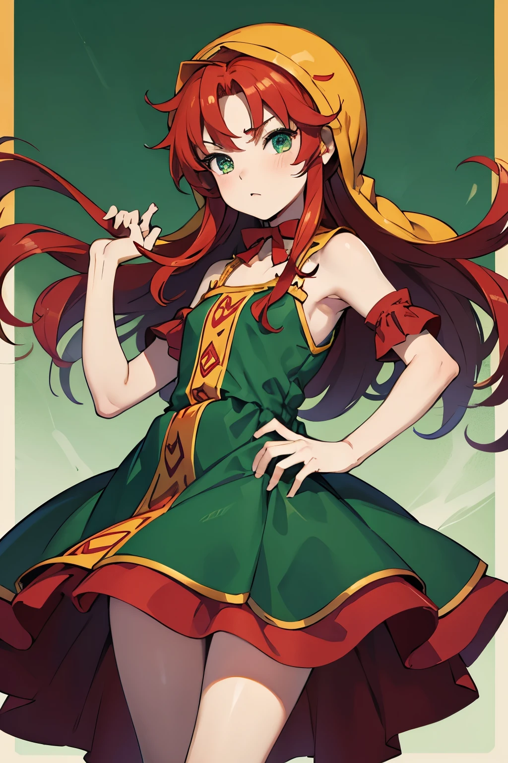 High resolution、highest quality、Small stature、Small shoulders、White skin、long hair、slender、maribel、 red hair、hood, (green dress)、blush、Thin thighs