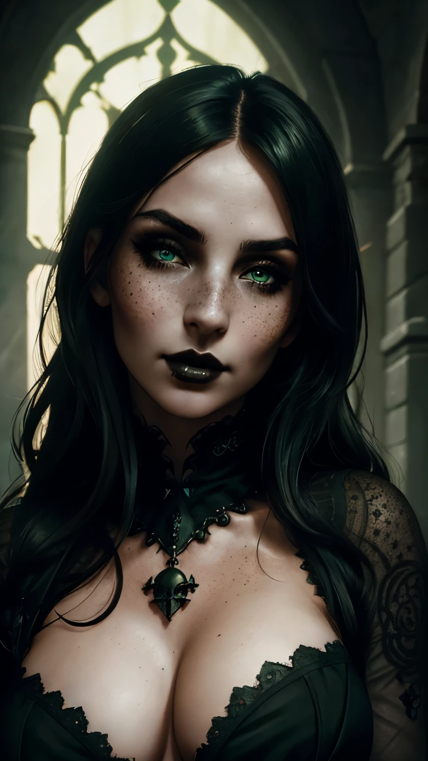 (best quality, hyperdetailed photography:1.2), beautiful lady, freckles, gothic dark makeup, soft light, perfect breast, cover, (detailed beautiful face, detail skin texture, ultra-detailed body:1.1) sexy vampire girl, green eyes, perfect body, skull, blood