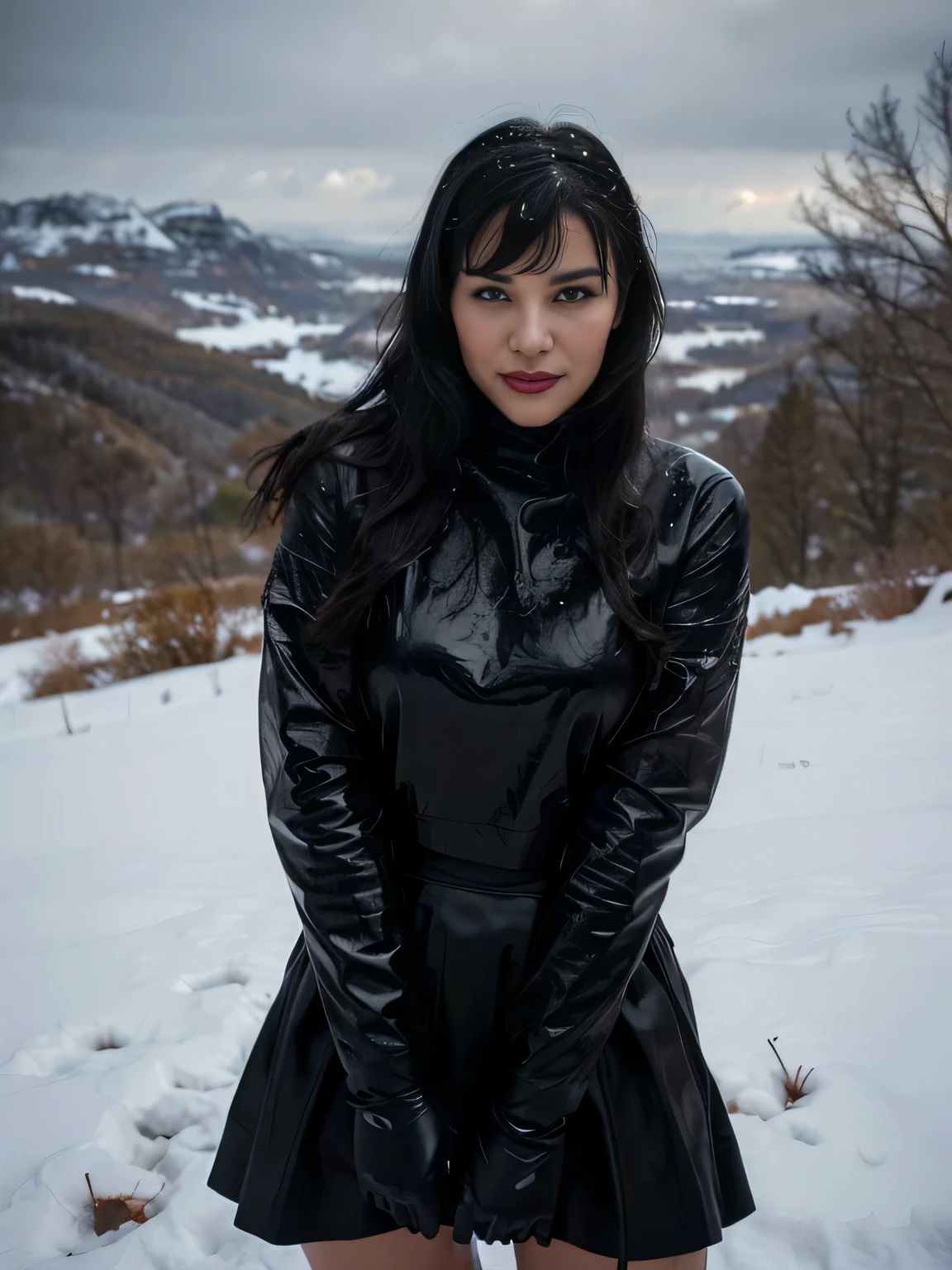 proFessional portrait photograph oF a gorgeous smiling soaked Bettie page girl in soaked winter clothing ,ponytail Black hair, red lipstick,black long maxi-skirt(black long maxi-skirt:1.2),sultry Flirty look, gorgeous symmetrical Face, joli maquillage naturel, wearing elegant warm winter Fashion clothing,flirting with the camera, ((black leather gloves)), (( hands between her legs )) (posing for a picture on the edge of a mountain completly covered in snow )), ultra realistic, art conceptuel, elegant, Very detailed, complexe, sharp Focus, depth oF Field, F/1. 8, 85mm, (((proFessionally color graded))), bright soFt diFFused light, (volumetric Fog), tendance sur Instagram, hdr 4k, 8K
