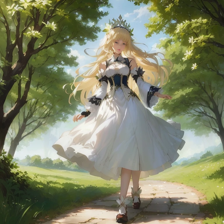 anime girl in a white dress walking down a path in a forest, cushart krenz key art feminine, blonde - haired princess, fey queen of the summer forest, blonde anime girl with long hair, a maid in a magical forest,  in dress, queen of nature, cushart krenz, artoria pendragon, anime goddess
