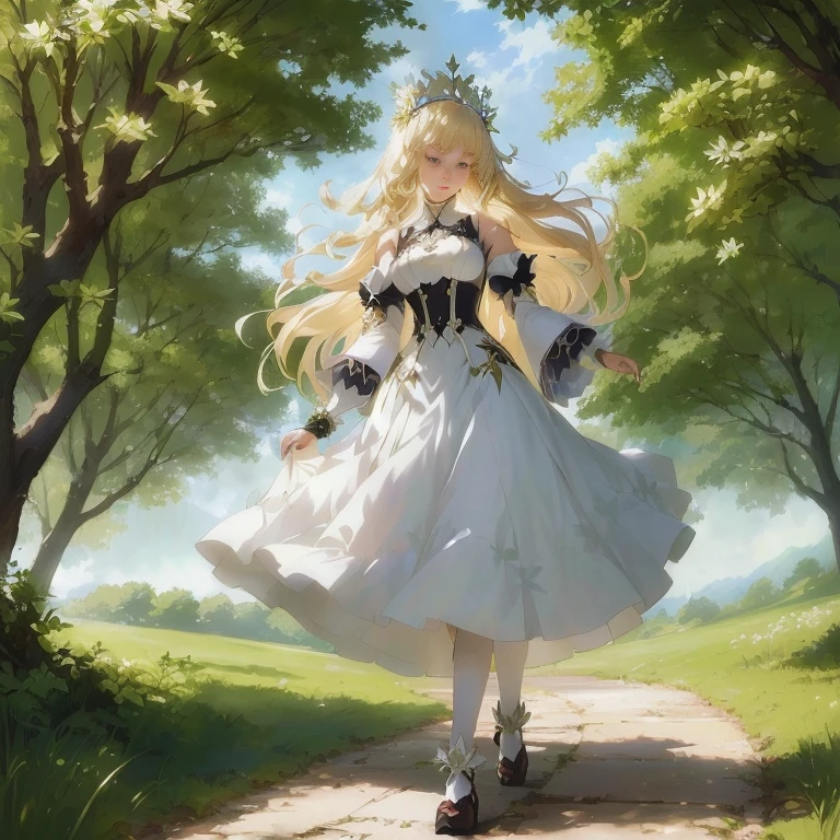 anime girl in a white dress walking down a path in a forest, cushart krenz key art feminine, blonde - haired princess, fey queen of the summer forest, blonde anime girl with long hair, a maid in a magical forest, in dress, queen of nature, cushart krenz, artoria pendragon, anime goddess