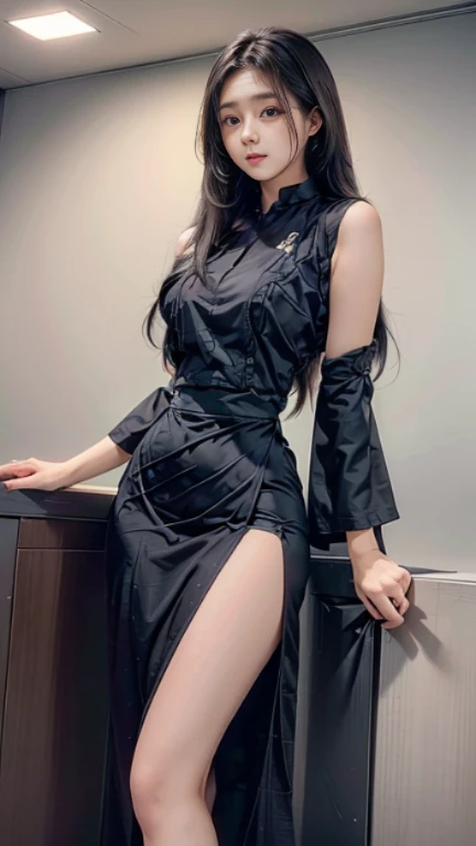 masterpiece, best quality, ultra detailed, high resolution, 1 girl, long black hair, standing and looking at the viewer,