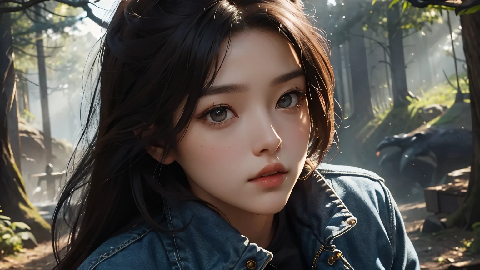 Upper body close-up image。One beautiful woman。Twenty years old。Dark brown hair。She&#39;s wearing blue jeans and a jacket。She is looking at the camera with a defiant expression。With the Cretaceous forest in her background、Appearance of carnivorous dinosaurs。