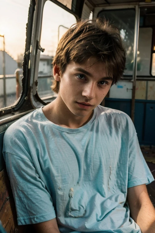 Un homme twink mignon de 19 ans d'1m74 assez fin. He wears a very loose multicolored t-shirt in a ball and hides in an abandoned bus. Il a le regard apeuré. There is a light from the sunset reflecting on his skin.