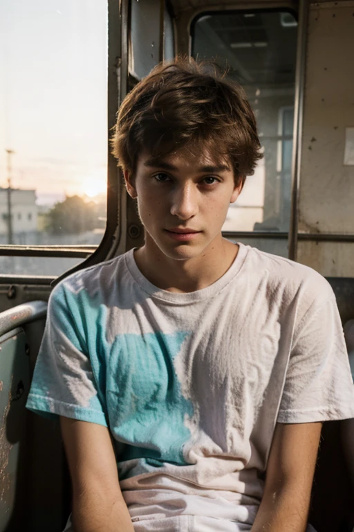 Un homme twink mignon de 19 ans d'1m74 assez fin. He wears a very loose multicolored t-shirt in a ball and hides in an abandoned bus. Il a le regard apeuré. There is a light from the sunset reflecting on his skin.