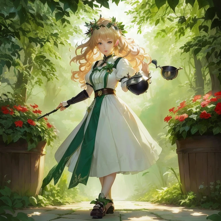 anime girl with a pot and a wand in a garden, a maid in a magical forest, marisa kirisame, cushart krenz key art feminine, alchemist girl, fey queen of the summer forest, a sexy maid in a magical forest, the emerald herald in the garden, portrait of a forest mage, anime lush john 8k woods, official art