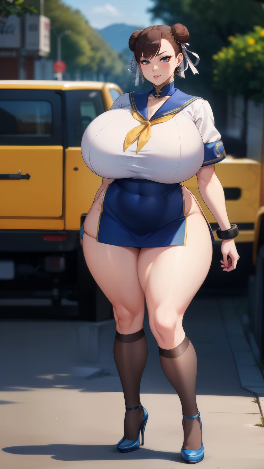 Big Breasts, Big Hips, Full Body Shot, Mature mother, Voluptuous thighs, Ample calves, Seductive mature woman, Perfect body, Plus Size Model, Sailor suit, Wearing high heels,Miniskirt Uniform, Chunli,