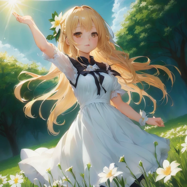 anime girl in a white dress with long blonde hair and a flower in her hand, in dress, anime visual of a cute girl, rin, splash art anime , golden time, marisa kirisame, smooth anime cg art, official artwork, anime moe artstyle, anime best girl, sh, blonde anime girl with long hair