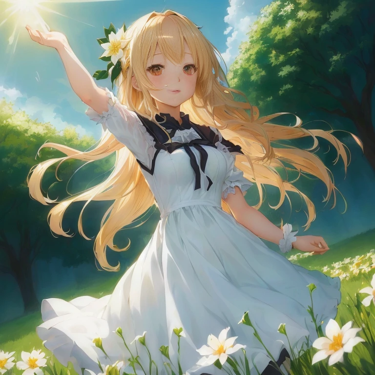 anime girl in a white dress with long blonde hair and a flower in her hand, in dress, anime visual of a cute girl, rin, splash art anime , golden time, marisa kirisame, smooth anime cg art, official artwork, anime moe artstyle, anime best girl, lolish, blonde anime girl with long hair