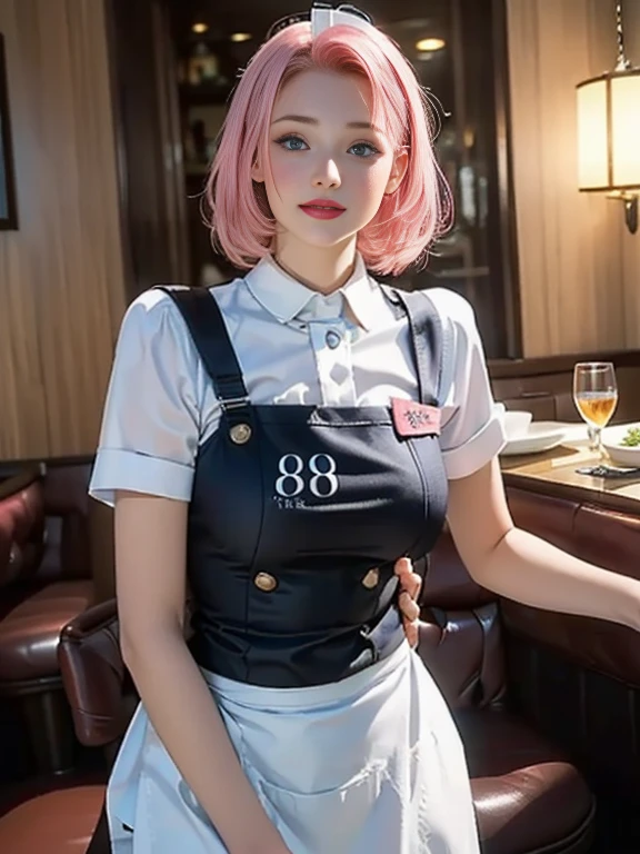 (best quality, 8k, photorealistic:1.5), (solo, one girl:1.5),(shine a bright light on women),(ultimate beautiful girl),(shiny skin),(oily skin),(pink hair:1.5),(short hairstyle:1.3),(cool beauty),Blush brown makeup , dark eye makeup , use pink glossy lipstick,(big beady eyes girl:1.5),(droopy eyes girl:1.5),(blue eyes:1.5),(thin girl:1.5),( girl:1.5),(healthy body),(sex appeal),(sweet smelling girl),(she works for low wages),(kind-hearted woman),(she has a nice smile),(woman with a happy look),(she is very sociable),(from a very poor family),(virgin girl),(She is a secret pervert.),(she covertly lewd),(she looks so erotic),chuuChloe,(woman with very soft breasts),(woman fantasizing about sex),(allurement),(impressive eyes:1.5),(clean girl),(affability),(cute smile),(good personality),(serious personality),(wants sex),(want to masturbate),(want to have sex forcibly),(relaxing time),(hair ornaments),(compassion),(impurity),(love filled),(get horny),(No love experience),(private room),(teenager),(restaurant waitress:1.5)
